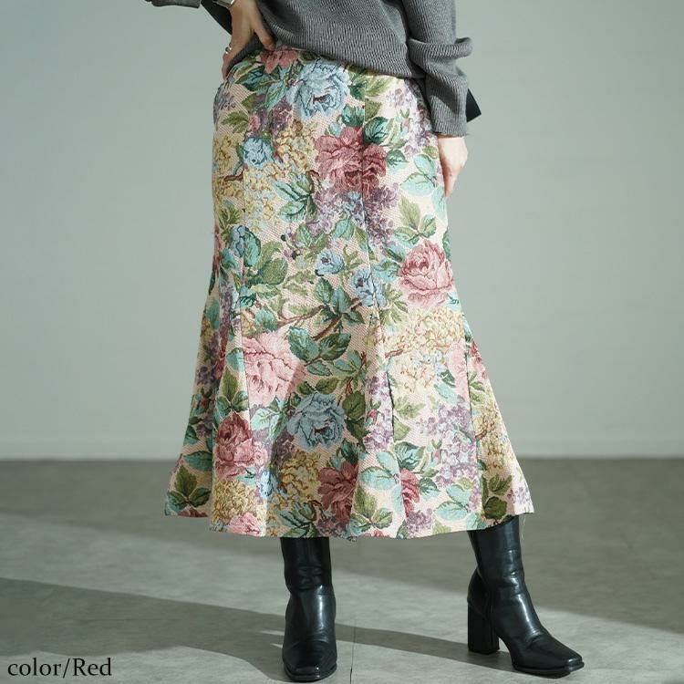 大きいサイズ レディース 花柄ゴブラン織りマーメイドスカート　bro-0055 レッド