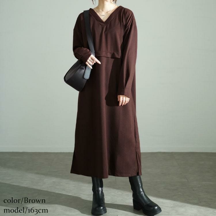 大きいサイズ レディース Vネックウエスト切り替えワンピース　fem-528 ブラウン