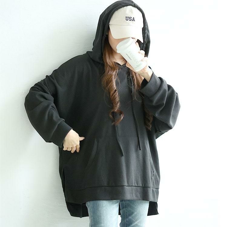 大きいサイズ レディース ワッフルオーバーサイズパーカー　goldy-1587 ブラック
