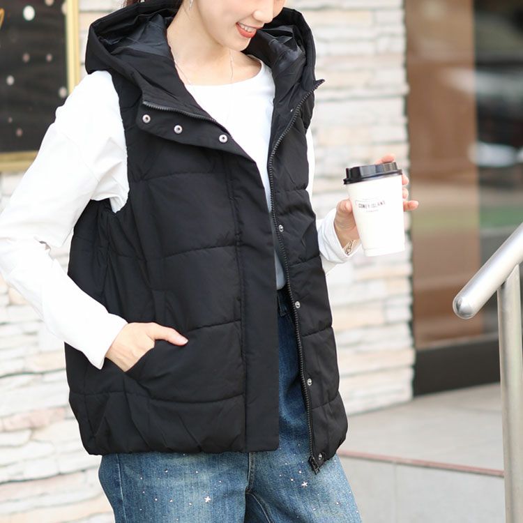 大きいサイズ レディース 防風撥水フード取り外し中綿ベスト　mnfk-548712
