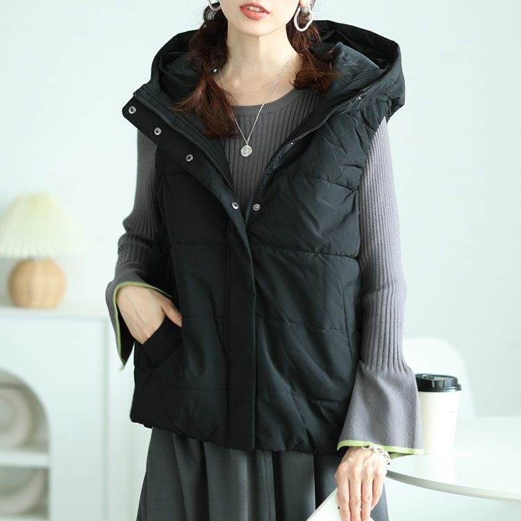 大きいサイズ レディース 防風撥水フード取り外し中綿ベスト　mnfk-548712