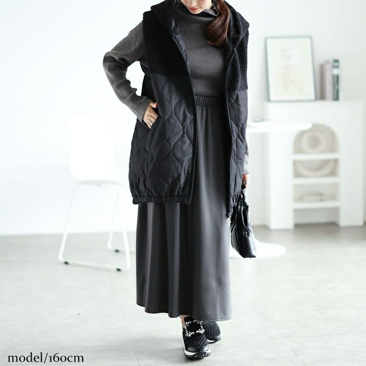 大きいサイズ レディース ボアフード切り替えキルティングロングベスト