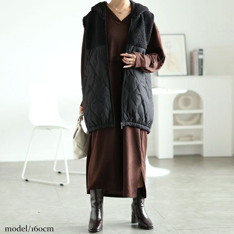 大きいサイズ レディース ボアフード切り替えキルティングロングベスト　kt-7843104