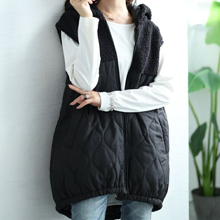 大きいサイズ レディース ボアフード切り替えキルティングロングベスト　kt-7843104