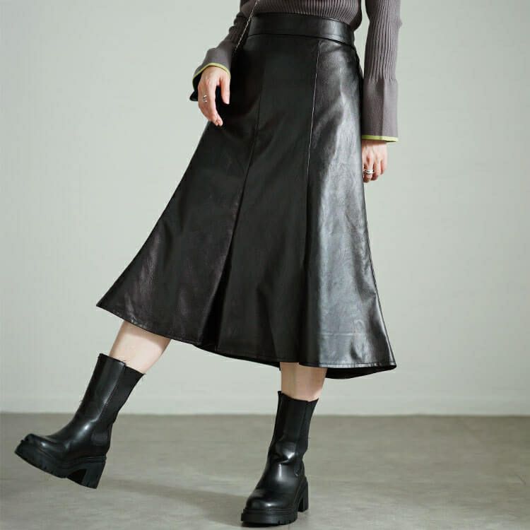 大きいサイズ レディース フェイクレザーミモレ丈マーメイドスカート　tog-1012