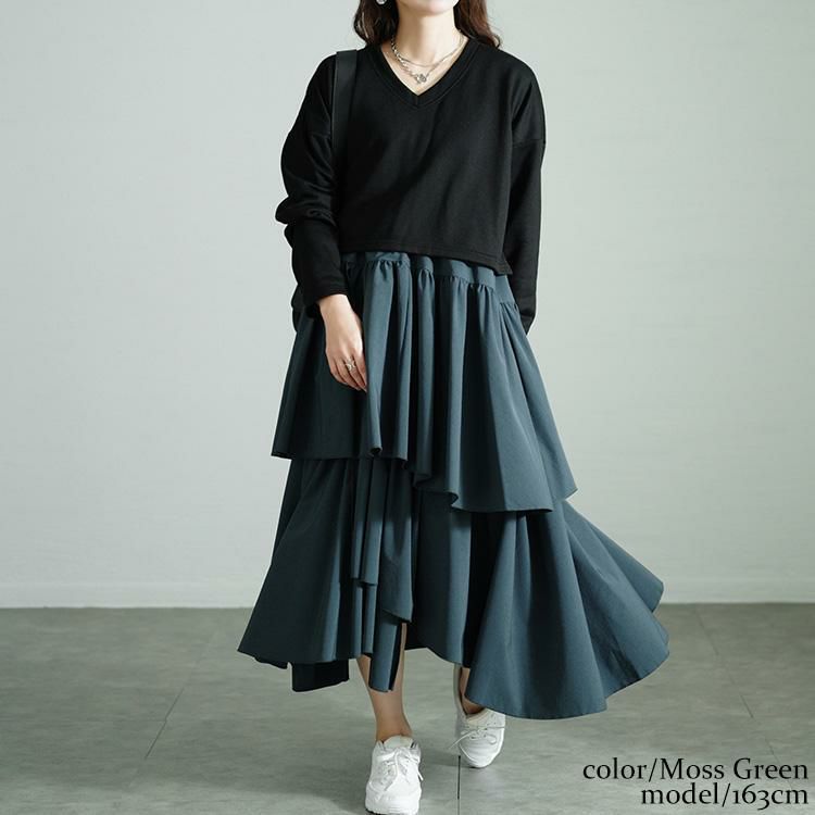 大きいサイズ レディース アシメティアードドッキングワンピース　nw-24033 モスグリーン