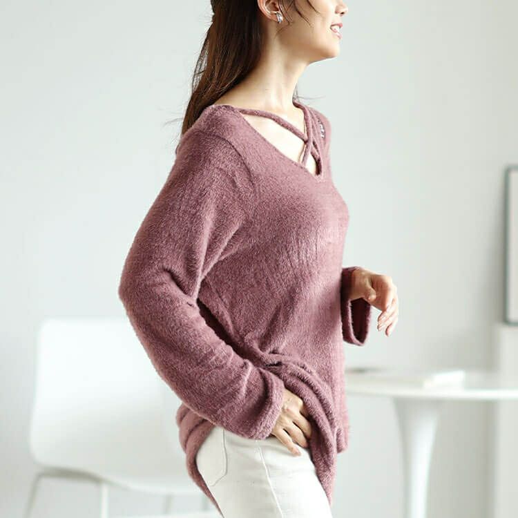 大きいサイズ レディース フロントクロスシャギーニット　jp503