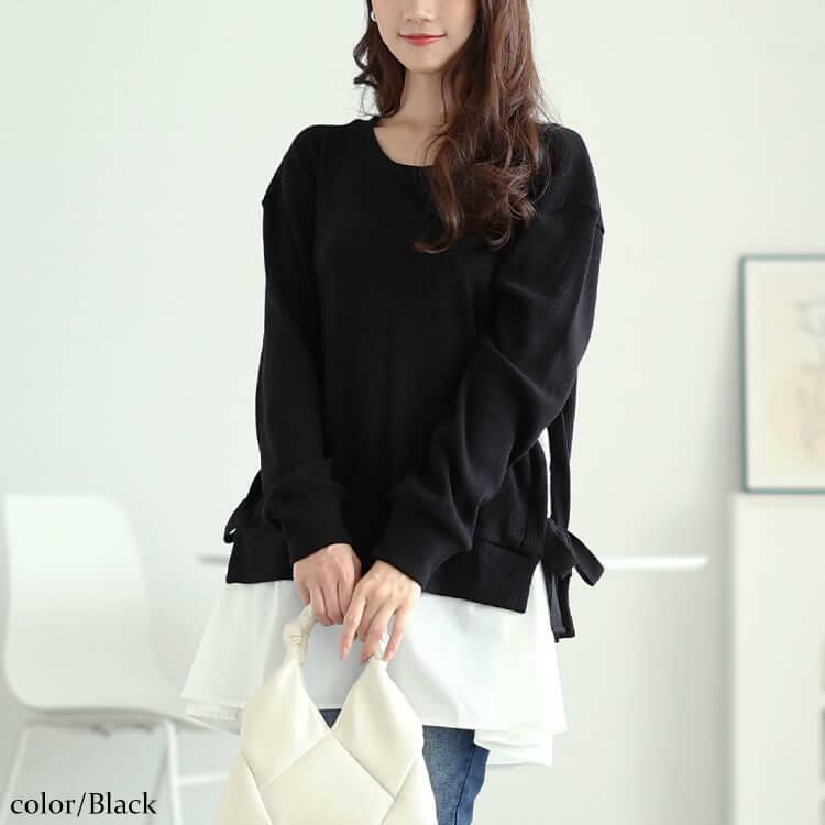 大きいサイズ レディース サイドリボンフェイクレイヤードチュニック　jp507 ブラック