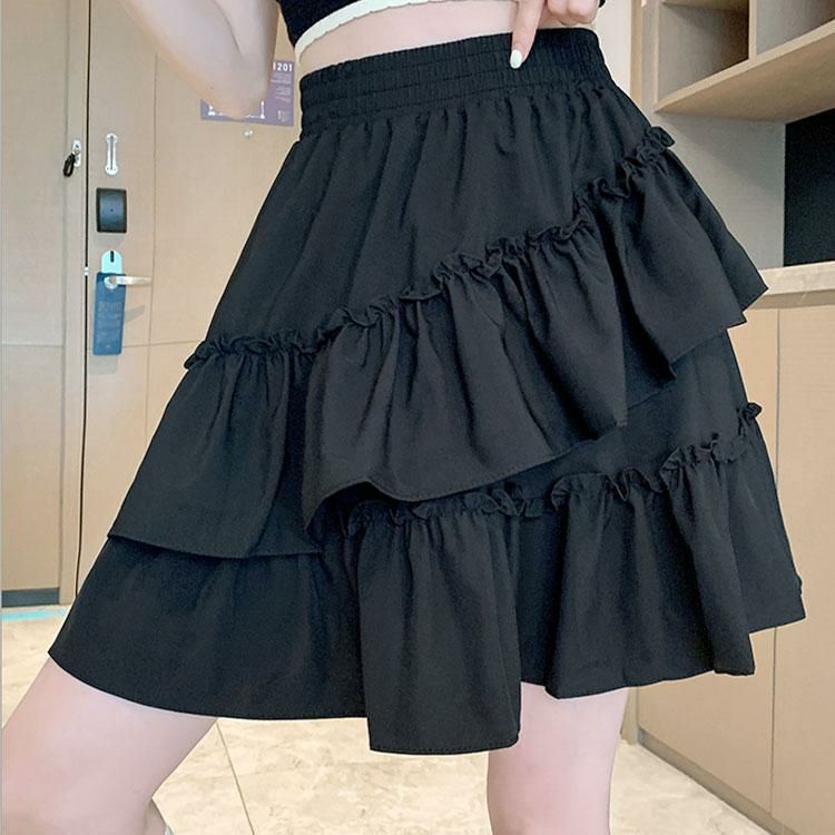大きいサイズ レディース インナーパンツ付きフリルミニスカート　goldy-1586 【メール便可】 ブラック