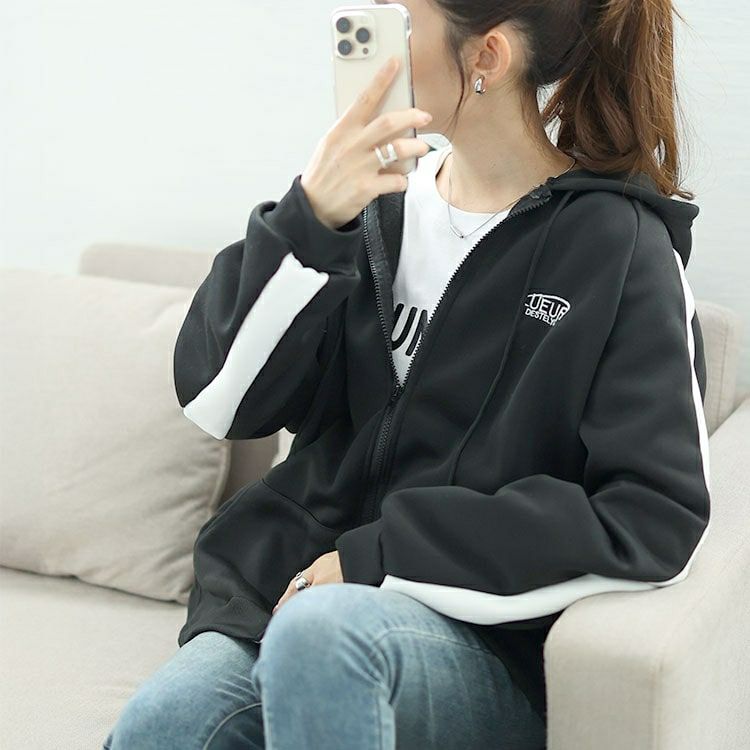 大きいサイズ レディース 裏起毛袖ラインジップアップパーカー　goldy-1613