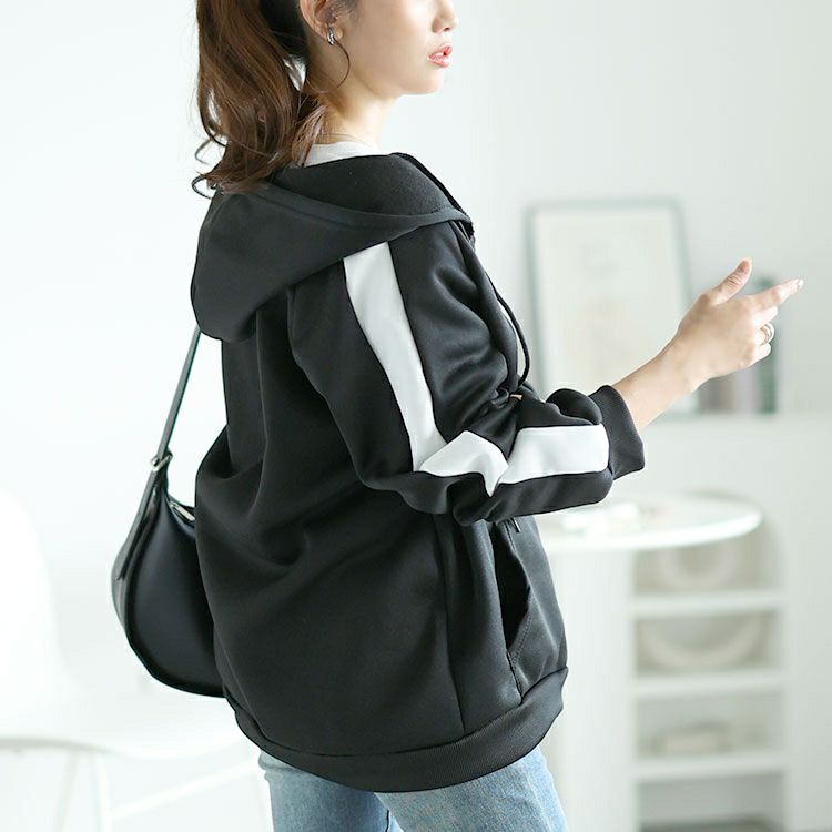 大きいサイズ レディース 裏起毛袖ラインジップアップパーカー　goldy-1613