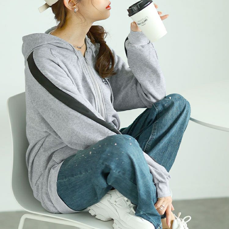 大きいサイズ レディース 裏起毛袖ラインジップアップパーカー　goldy-1613