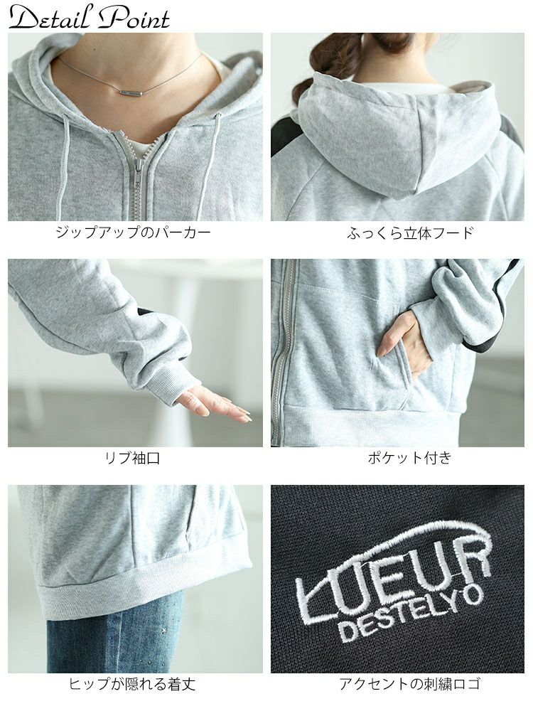 大きいサイズ レディース 裏起毛袖ラインジップアップパーカー　goldy-1613