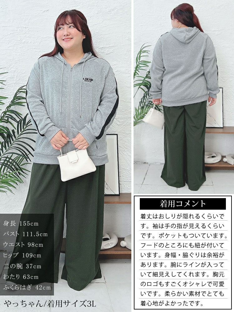 大きいサイズ レディース 裏起毛袖ラインジップアップパーカー　goldy-1613