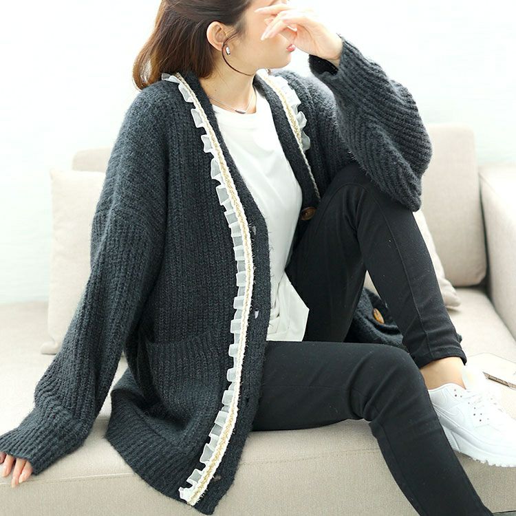 大きいサイズ レディース フリル付きミドルニットカーディガン　goldy-1605