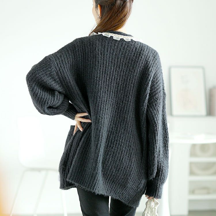 大きいサイズ レディース フリル付きミドルニットカーディガン　goldy-1605