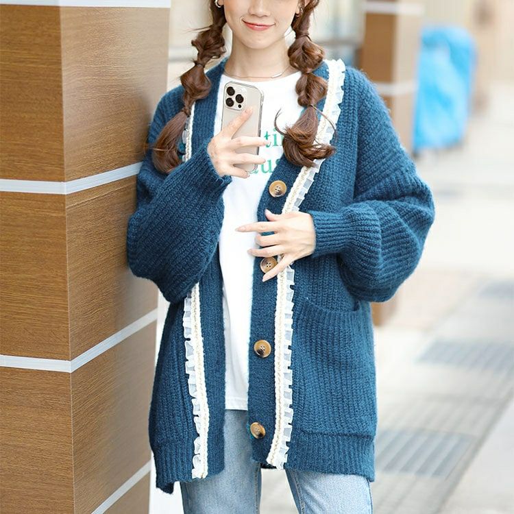 大きいサイズ レディース フリル付きミドルニットカーディガン　goldy-1605