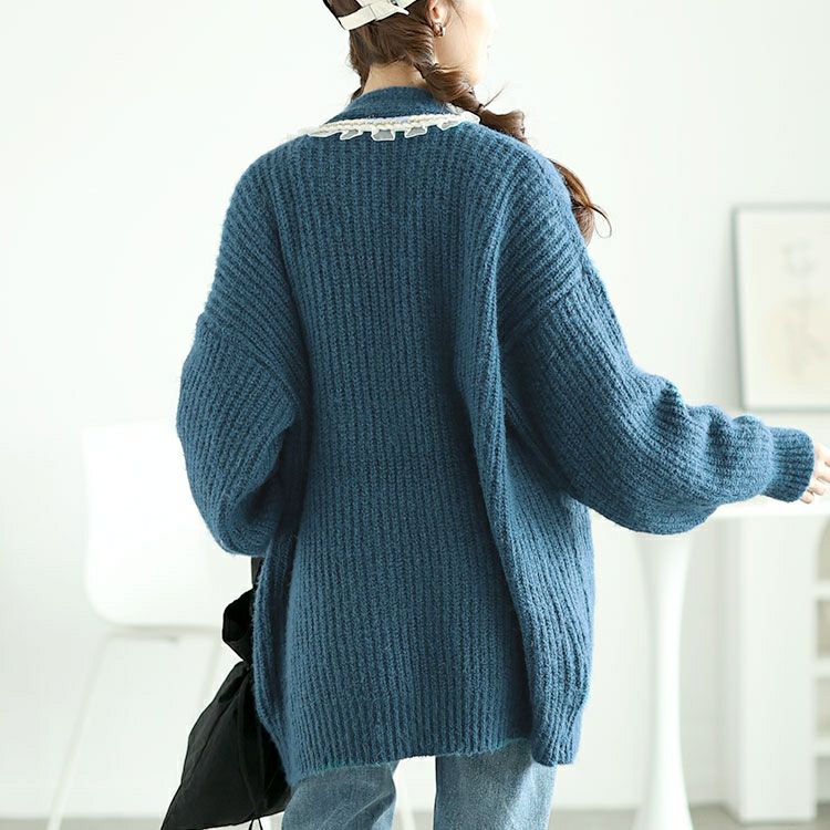 大きいサイズ レディース フリル付きミドルニットカーディガン　goldy-1605