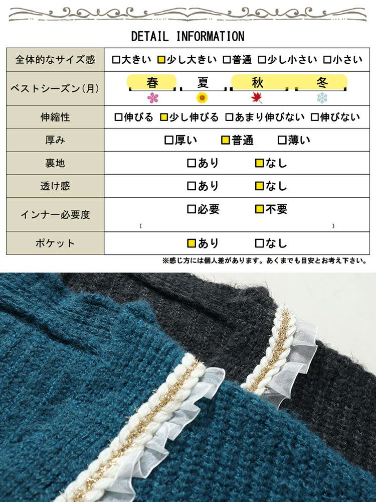 大きいサイズ レディース フリル付きミドルニットカーディガン　goldy-1605