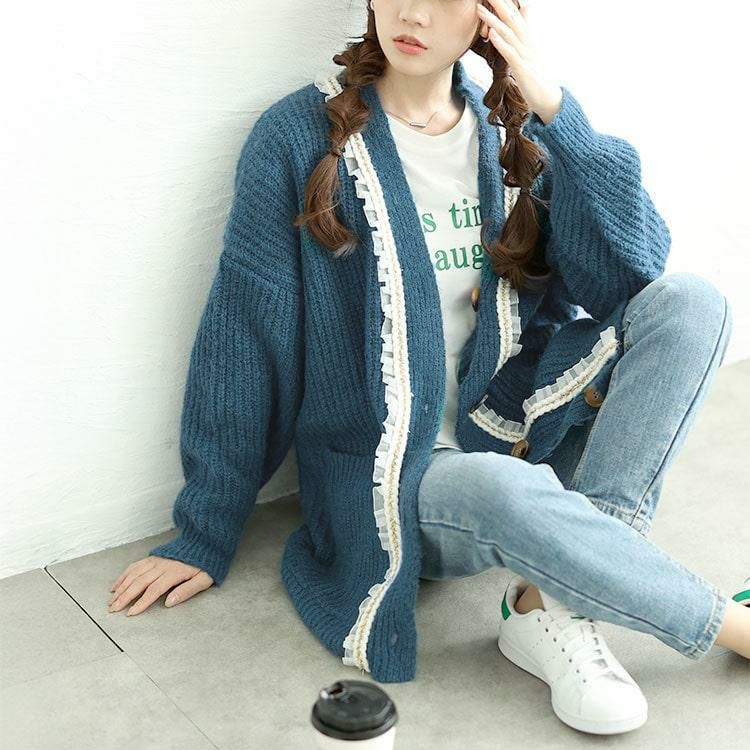 大きいサイズ レディース フリル付きミドルニットカーディガン goldy