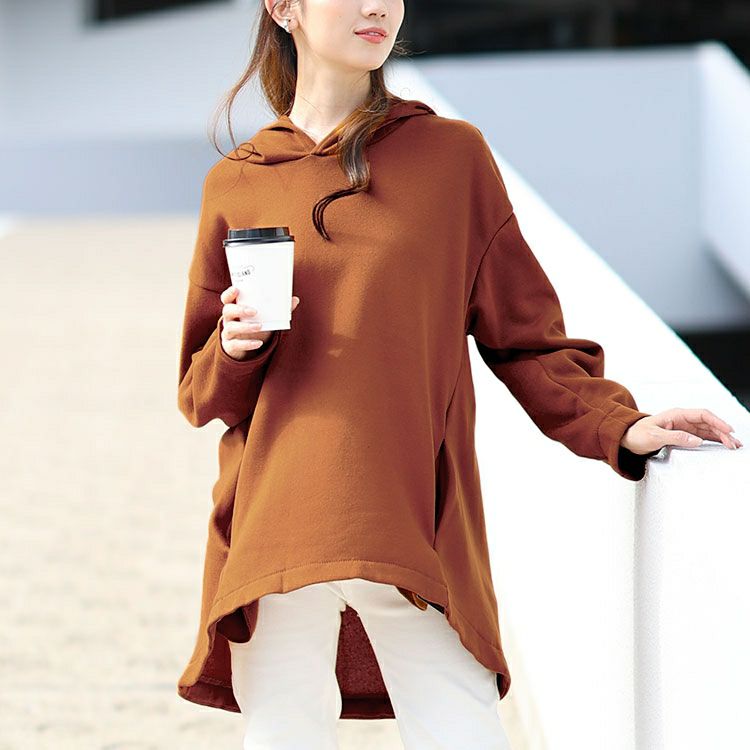 大きいサイズ レディース 裏起毛ゆるコクーンパーカーチュニック　goldy-1603