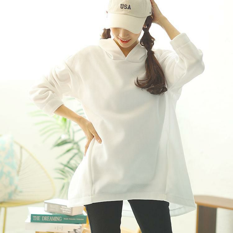 大きいサイズ レディース 裏起毛ゆるコクーンパーカーチュニック　goldy-1603 ホワイト