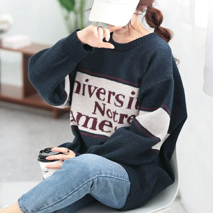 大きいサイズ レディース 英字ロゴ配色ニット　cros-240058