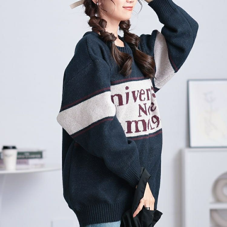 大きいサイズ レディース 英字ロゴ配色ニット　cros-240058