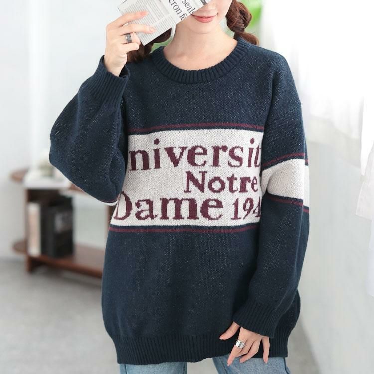 大きいサイズ レディース 英字ロゴ配色ニット　cros-240058 ネイビー