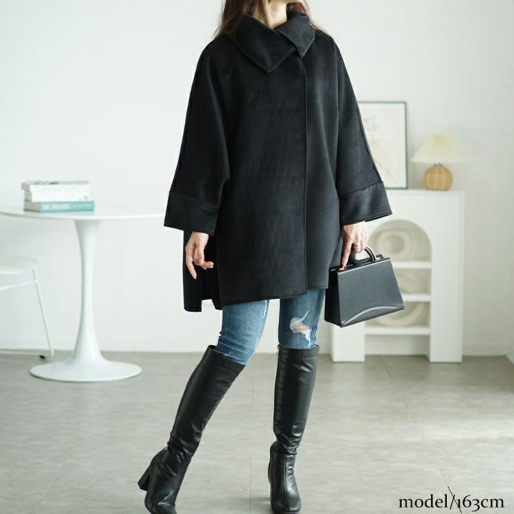 大きいサイズ レディース ビッグカラーポンチョ風コート　nw-24044