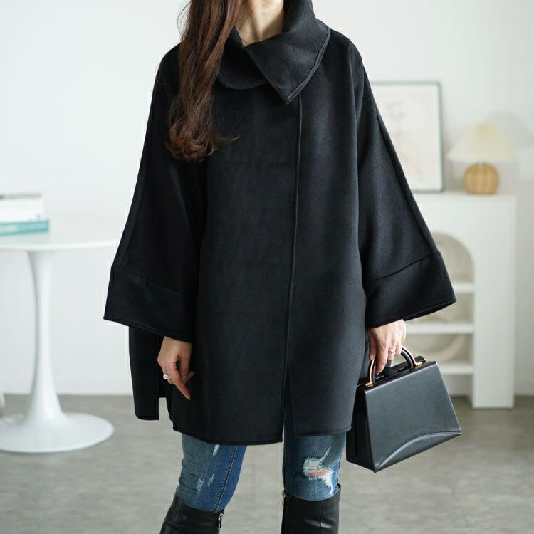 大きいサイズ レディース ビッグカラーポンチョ風コート　nw-24044