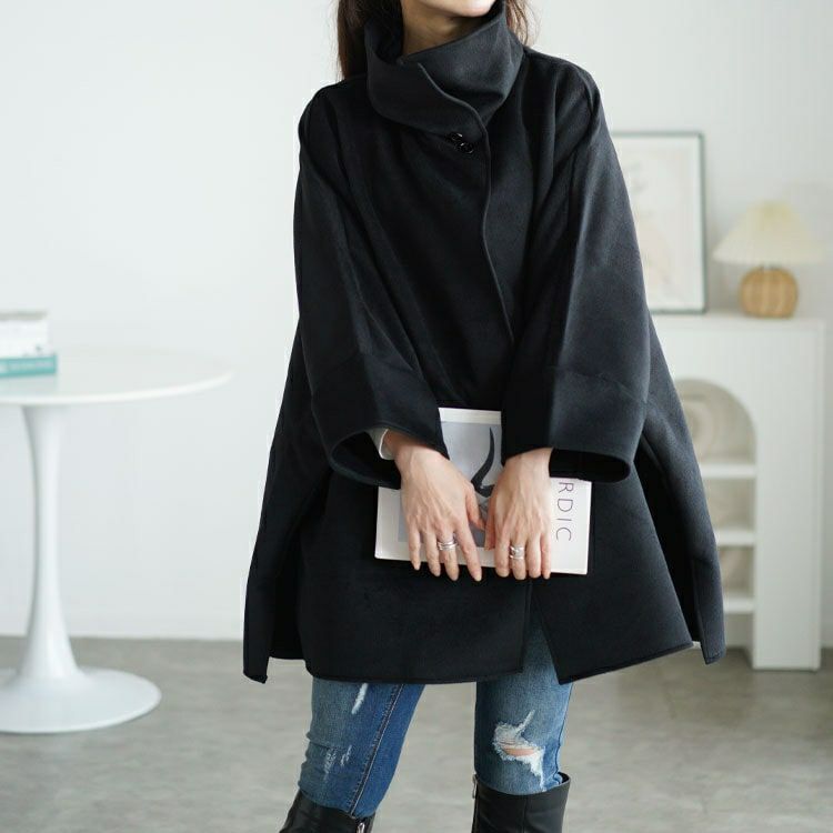 大きいサイズ レディース ビッグカラーポンチョ風コート　nw-24044