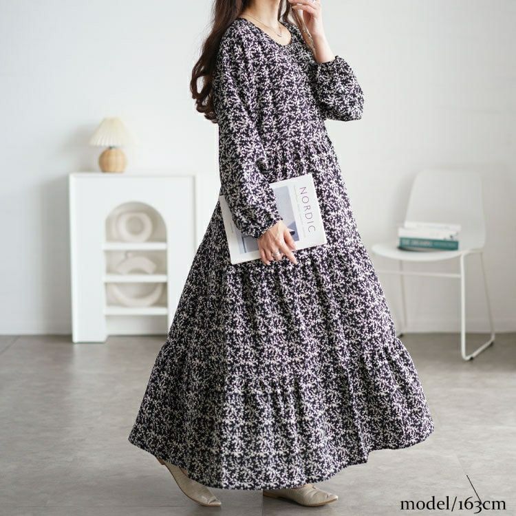 大きいサイズ レディース 小花柄ティアードマキシワンピース　maru-30087