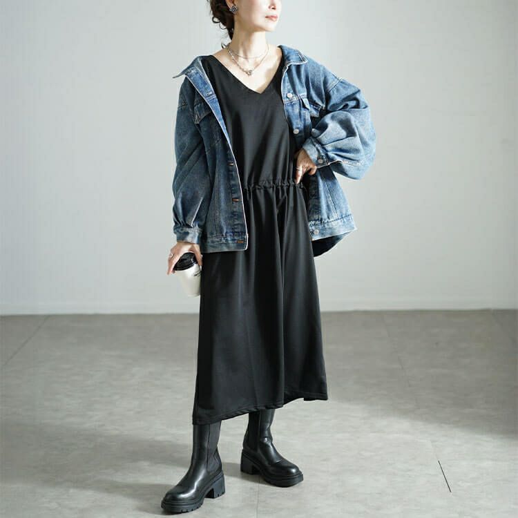 大きいサイズ レディース バイカラー袖ウエストドロストワンピース　fem-541