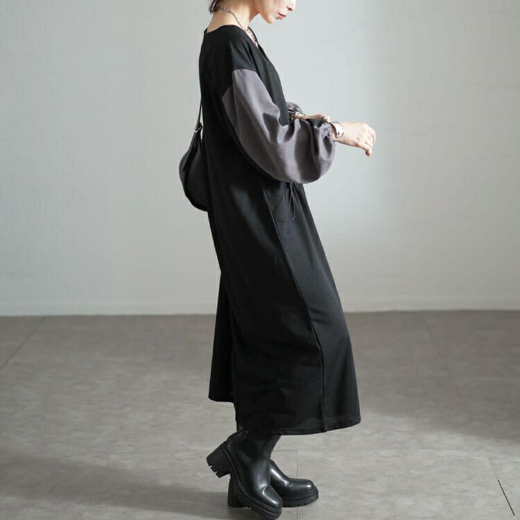 大きいサイズ レディース バイカラー袖ウエストドロストワンピース　fem-541