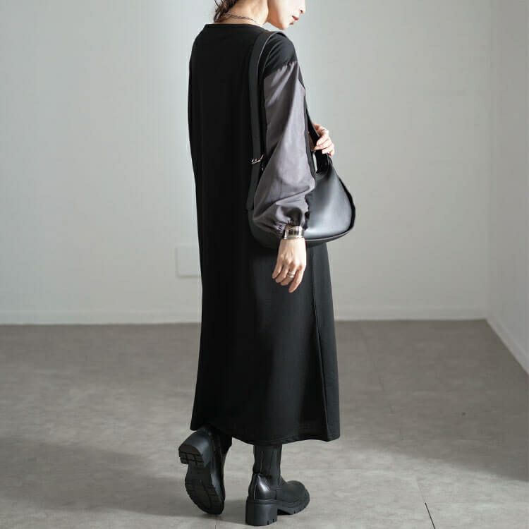 大きいサイズ レディース バイカラー袖ウエストドロストワンピース　fem-541