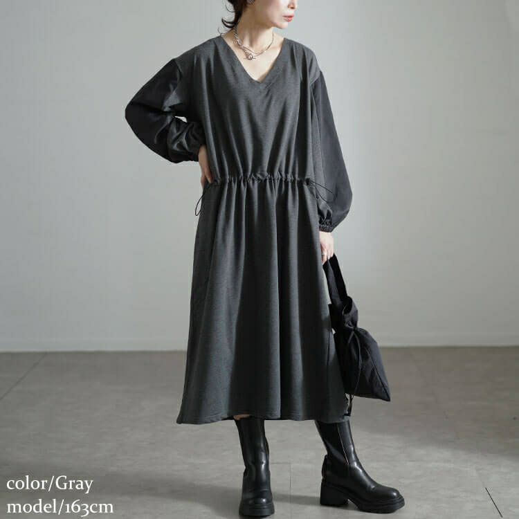 大きいサイズ レディース バイカラー袖ウエストドロストワンピース　fem-541