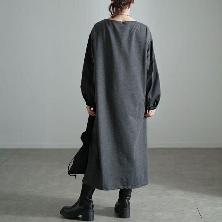 大きいサイズ レディース バイカラー袖ウエストドロストワンピース　fem-541