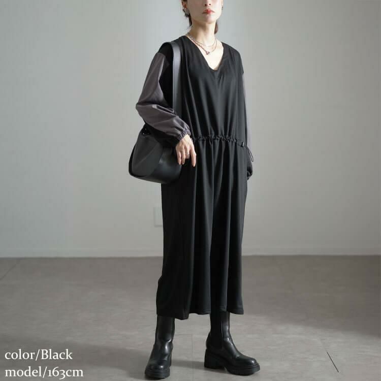 大きいサイズ レディース バイカラー袖ウエストドロストワンピース　fem-541 ブラック