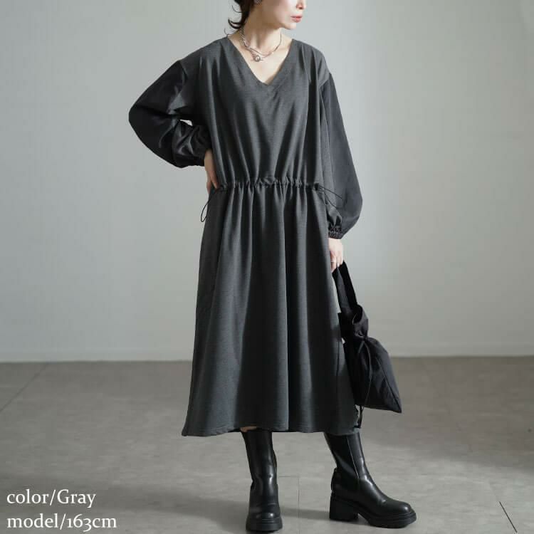 大きいサイズ レディース バイカラー袖ウエストドロストワンピース　fem-541 グレー