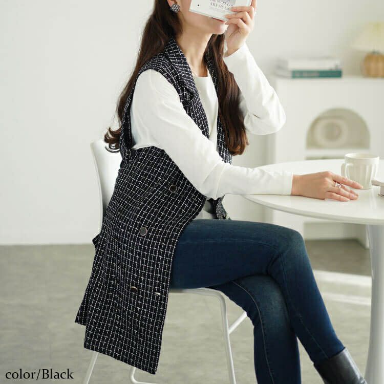 大きいサイズ レディース ベルト付きツイードテーラードベスト　tani-36354ll