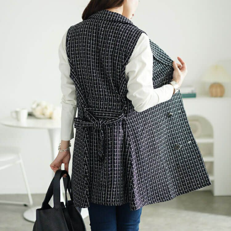 大きいサイズ レディース ベルト付きツイードテーラードベスト　tani-36354ll