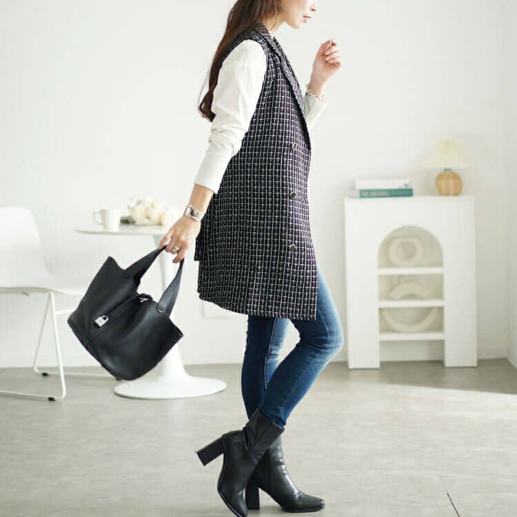 大きいサイズ レディース ベルト付きツイードテーラードベスト　tani-36354ll