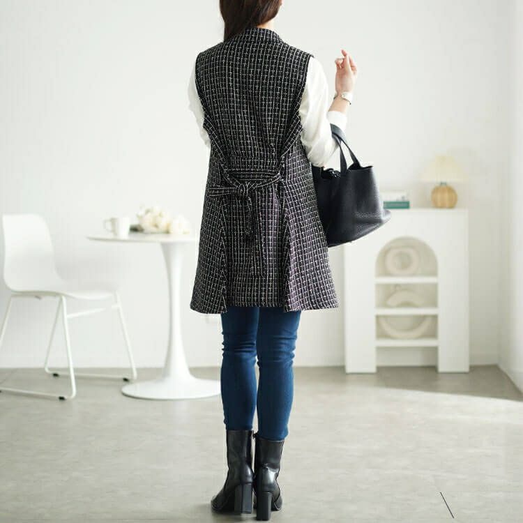大きいサイズ レディース ベルト付きツイードテーラードベスト　tani-36354ll