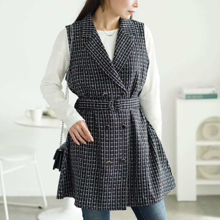 大きいサイズ レディース ベルト付きツイードテーラードベスト　tani-36354ll