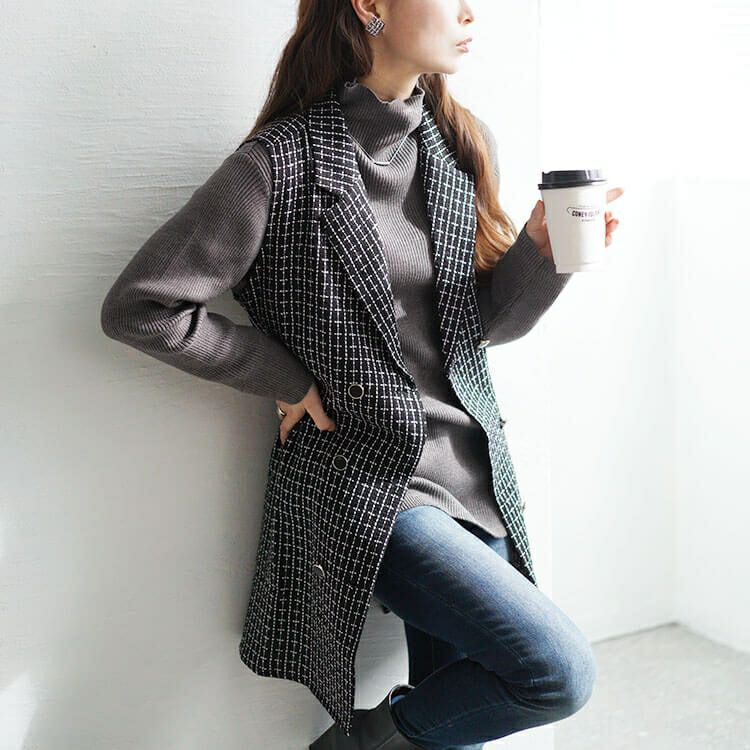 大きいサイズ レディース ベルト付きツイードテーラードベスト　tani-36354ll