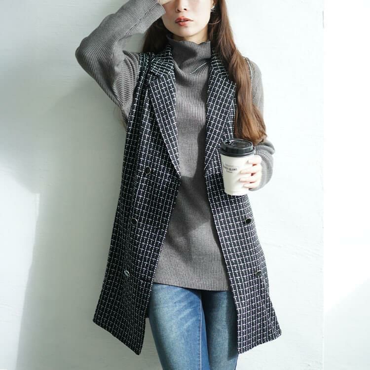 大きいサイズ レディース ベルト付きツイードテーラードベスト　tani-36354ll ブラック