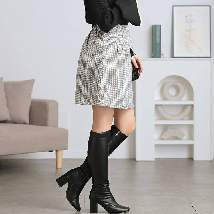 大きいサイズ レディース パールボタンツイードミニスカート　tani-25261ll