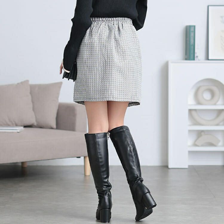 大きいサイズ レディース パールボタンツイードミニスカート　tani-25261ll