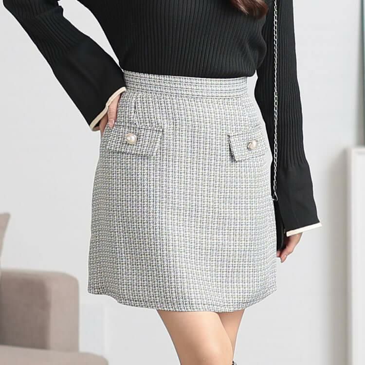 大きいサイズ レディース パールボタンツイードミニスカート　tani-25261ll オフ×ブラック